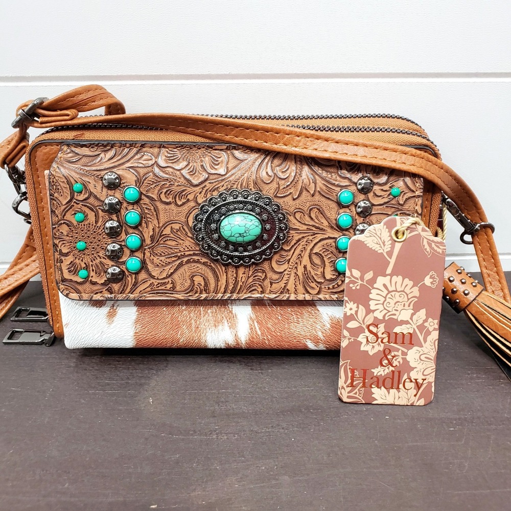 Sam & Hadley Western Crossbody Bag Womens OS Cognac Boho Studded